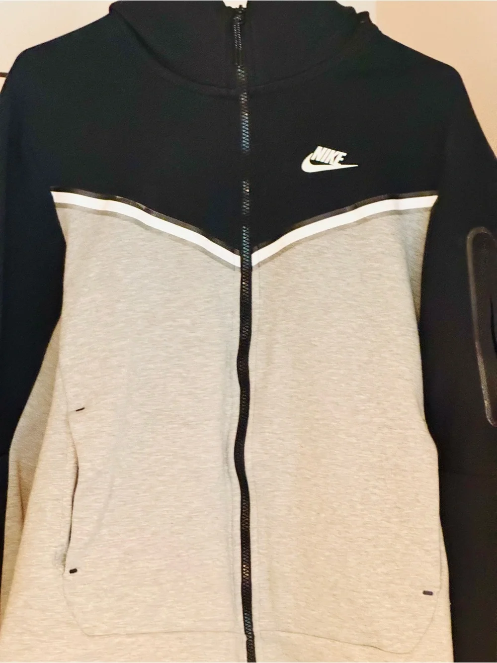 Nike Tech Black and Light Gray Zip Hooded Jacket with White Accent